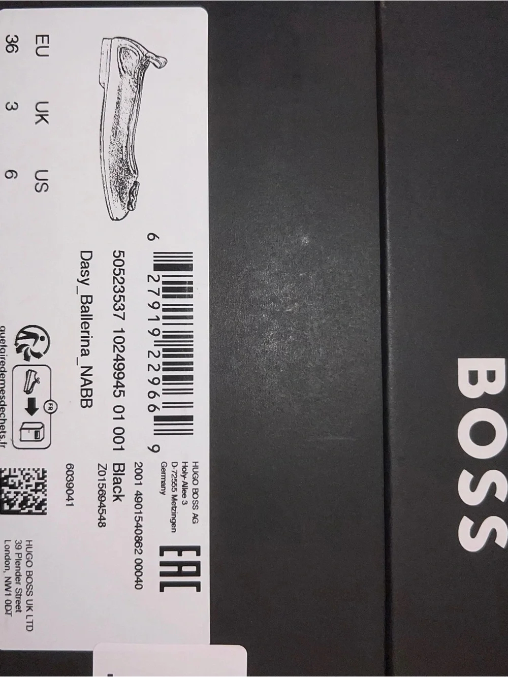 Hugo Boss Dasy Black Leather Logo Ballet Flats with Gold Emblem 6 NWB